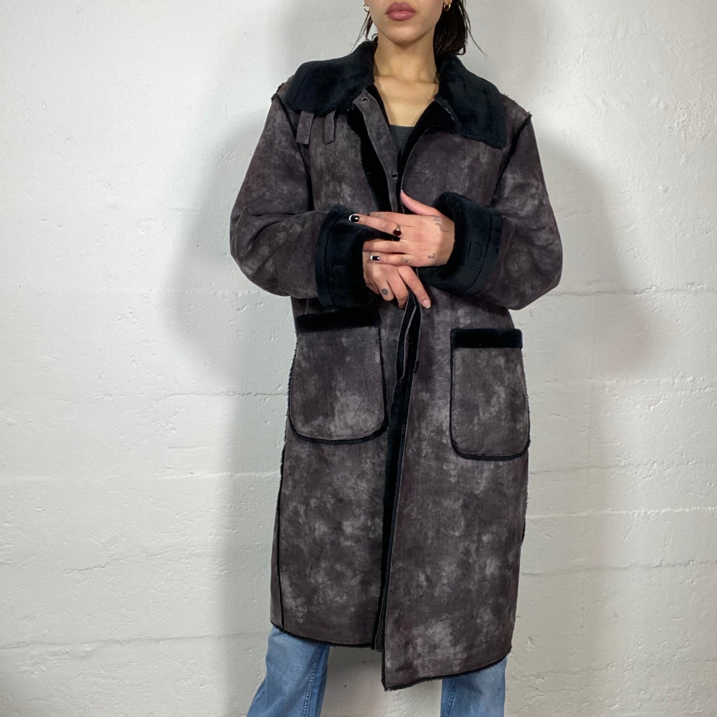 Vintage 2000's Rosalía Black Washed Out Long Coat with Deep Black Faux Fur Trims (S/M)