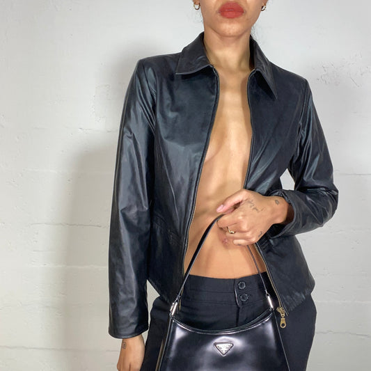 Vintage 90's Model Off Duty Black Leather Zip Up Jacket  (S)