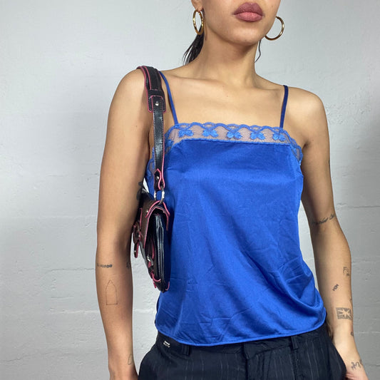 Vintage 2000's Coquette Electric Blue Satin Blouse Top with Mesh Trim Detail (M)