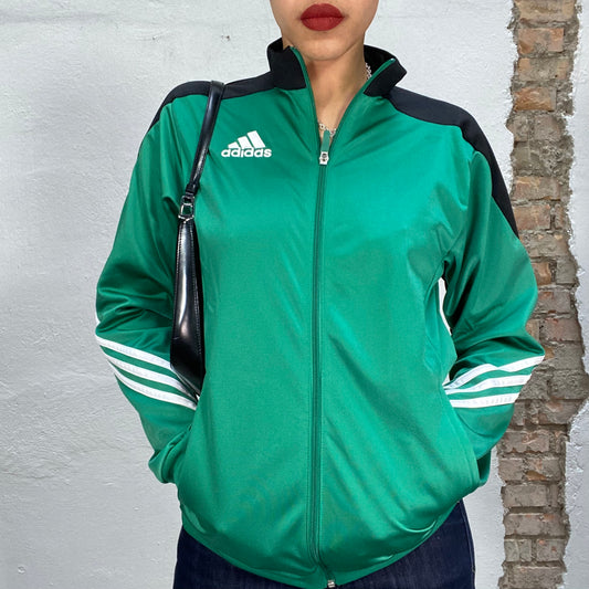 Vintage 2000's Adidas Green Zip Up Sweater with White Stripes (S/M)
