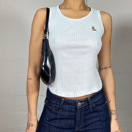 Vintage 2000's College Girl White Top with Teddy Bear Embroidery Detail (S)