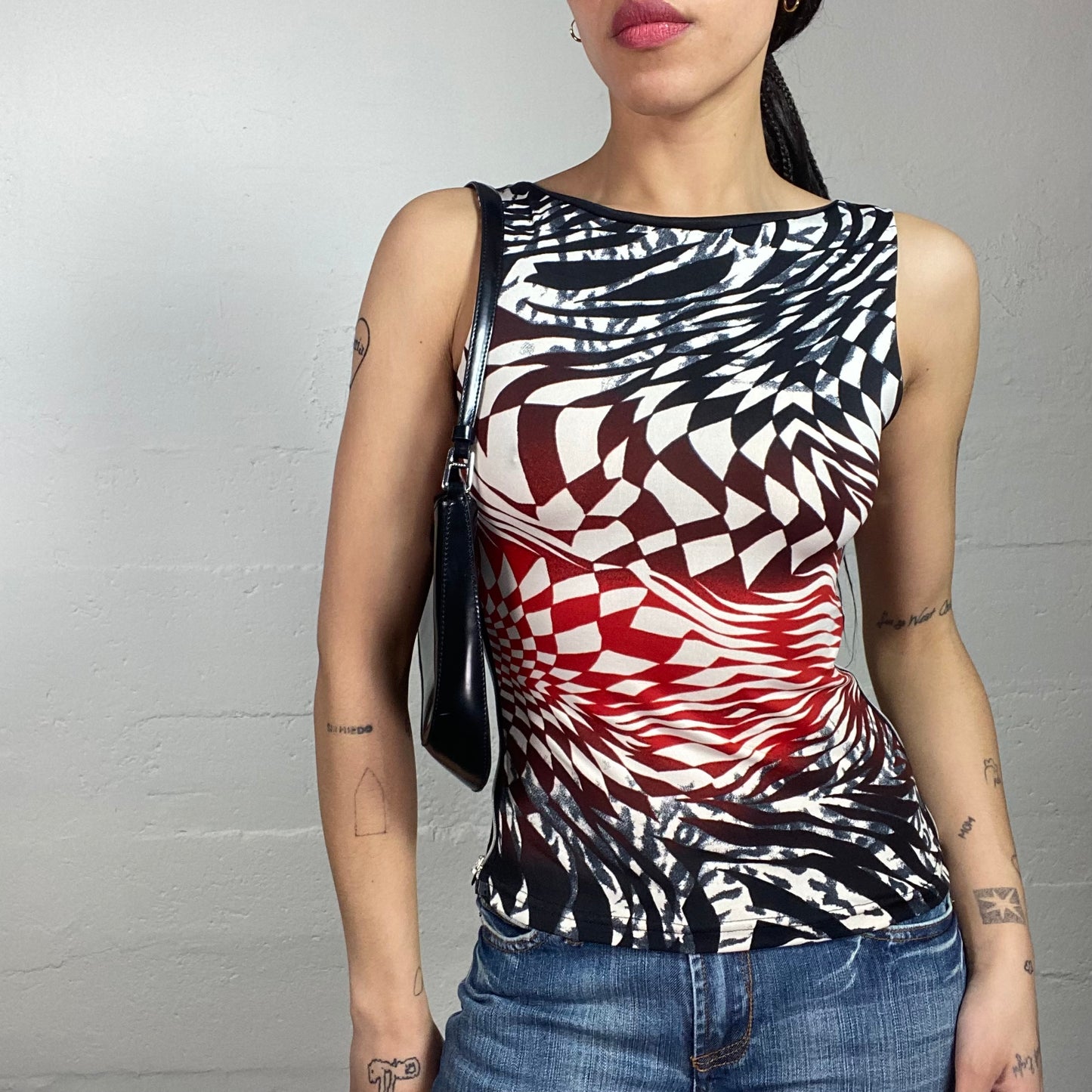 Vintage 2000's Sleaze Black Top with Orange and White Checkered Wavy Print (S)