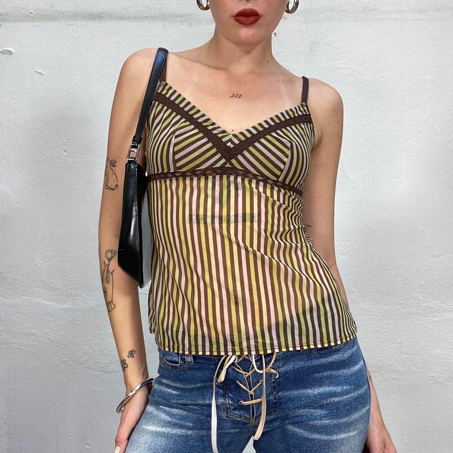 Vintage 2000's Summer Olive Green Semi Sheer Top with Striped Print (S)