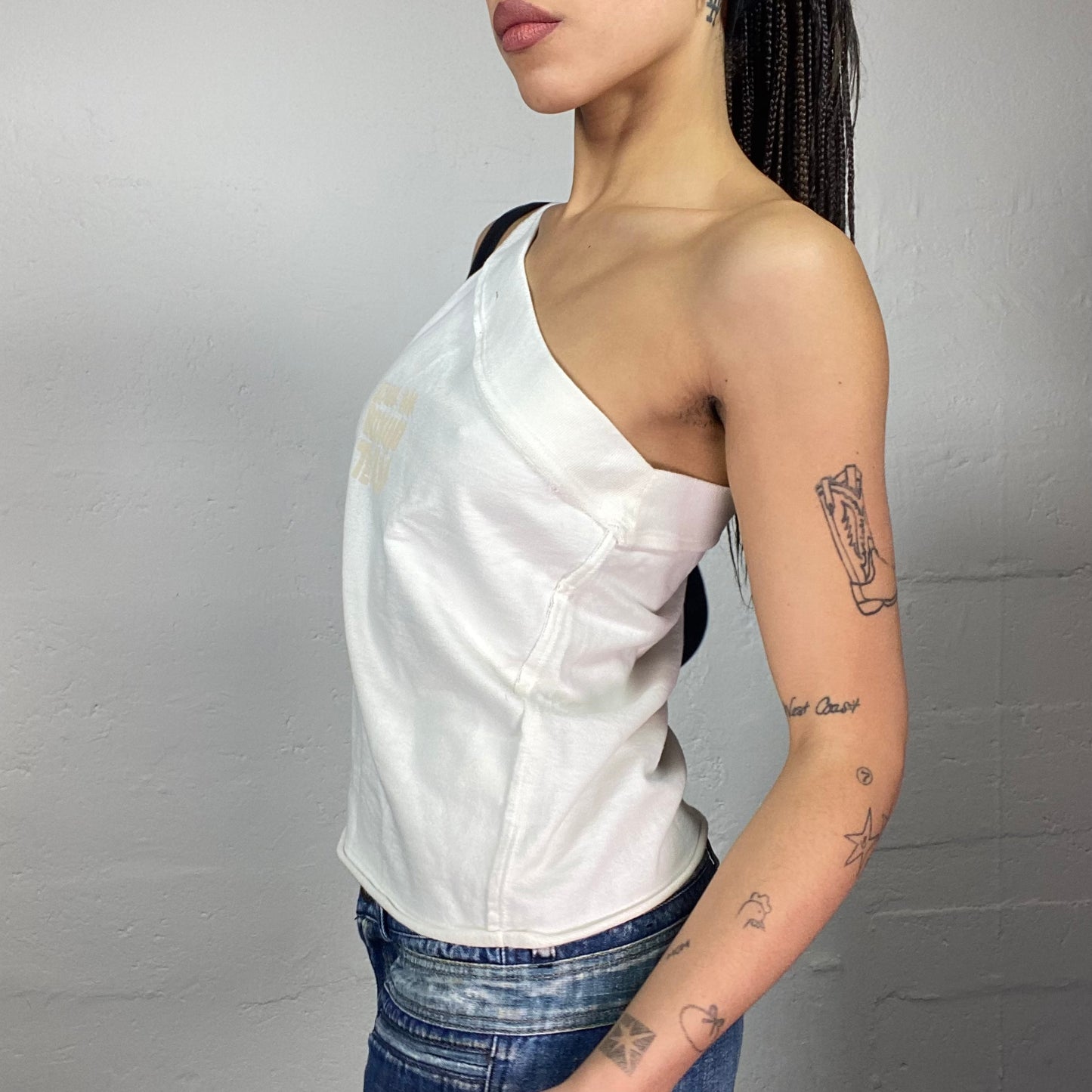 Vintage 2000's Downtown Girl White One Shoulder Top with "School Rag Boxing Team" Print Detail (M)