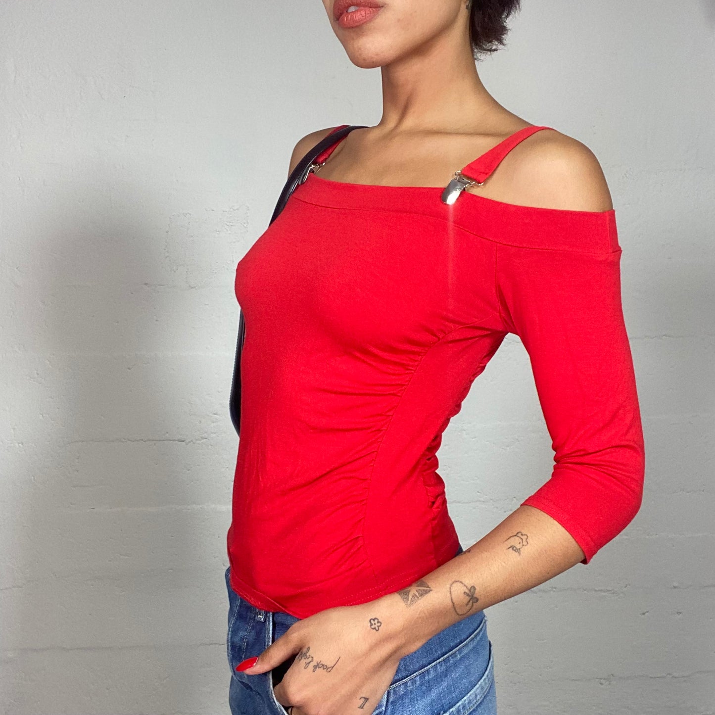 Vintage 2000's Clubwear Red Off Shoulder Top with Belted Straps Detail (S)