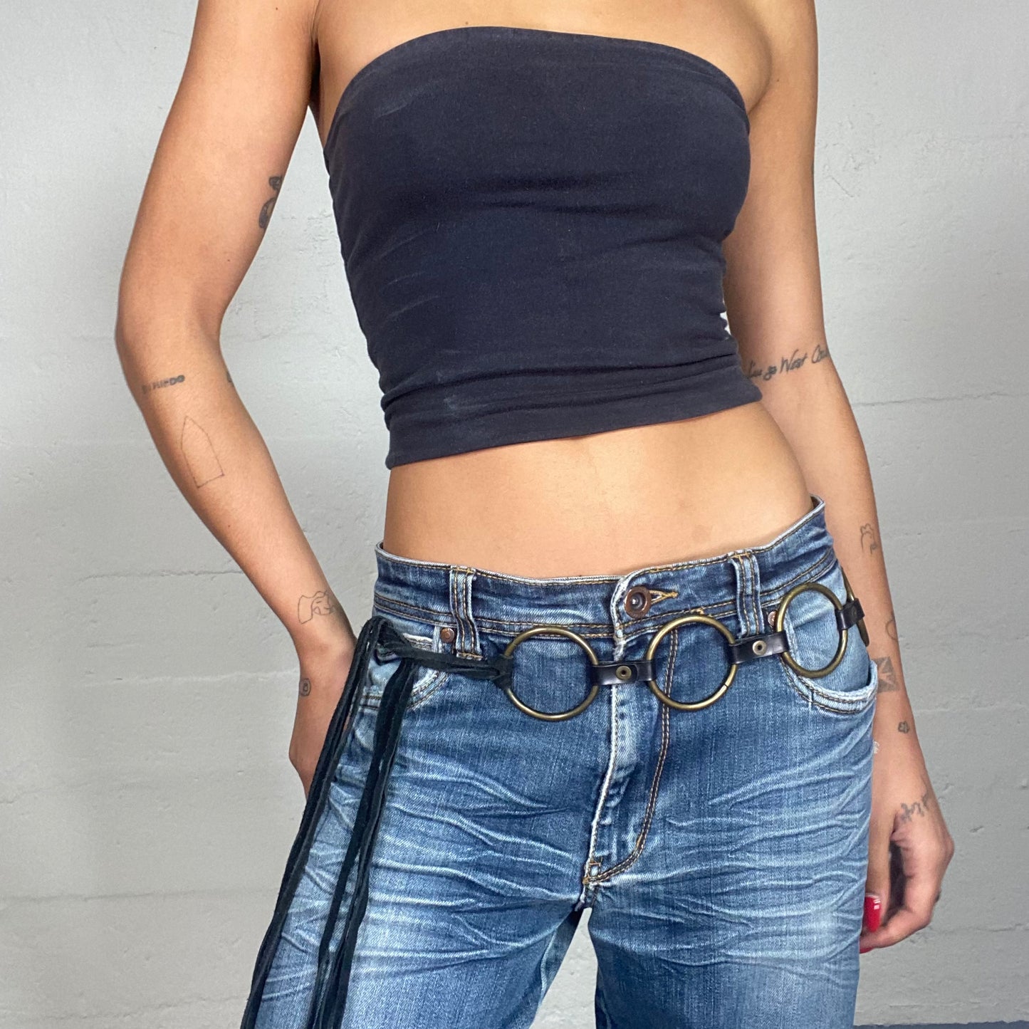 Vintage 2000's Clubwear Black Leather Tie Belt with Bronze Rings Detail
