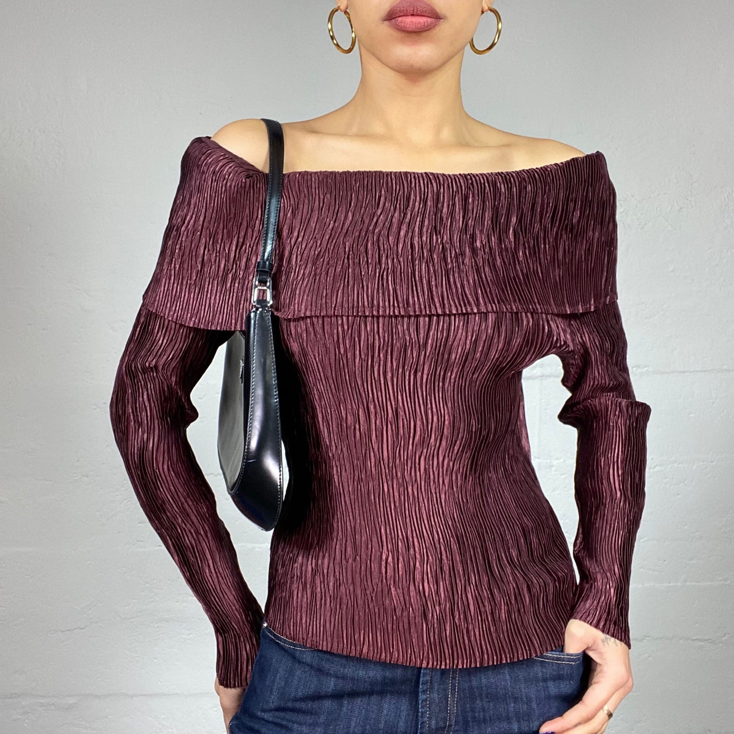 Vintage 90's Vampy Burgundy Off Shoulder Longsleeve Top with Irisdicent Ruched Material (M)