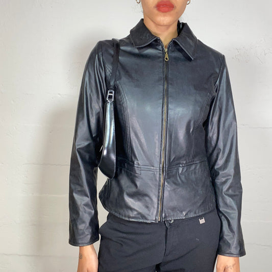 Vintage 90's Model Off Duty Black Leather Zip Up Jacket (S)