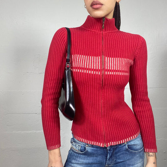 Vintage 2000's Downtown Girl Red Zip-Up Ribbed Knit Hoodie with White Bars Detail (S)