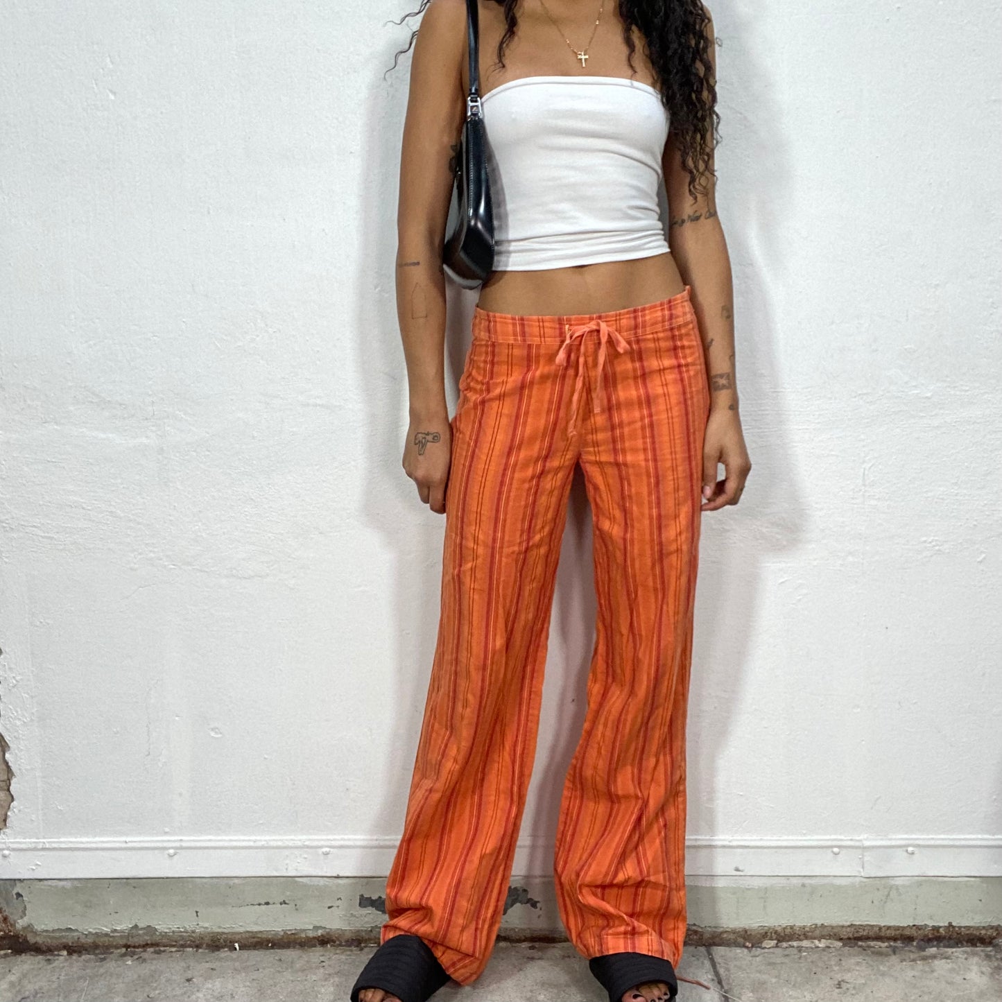 Vintage 2000's Hippie Orange Relaxed Fit Pants with Tonal Stripes Print (S/M)