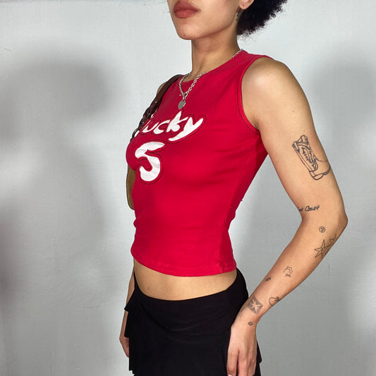 Vintage 2000's Skater Red High Neck Tank Top with 'Lucky 5' Print (S)