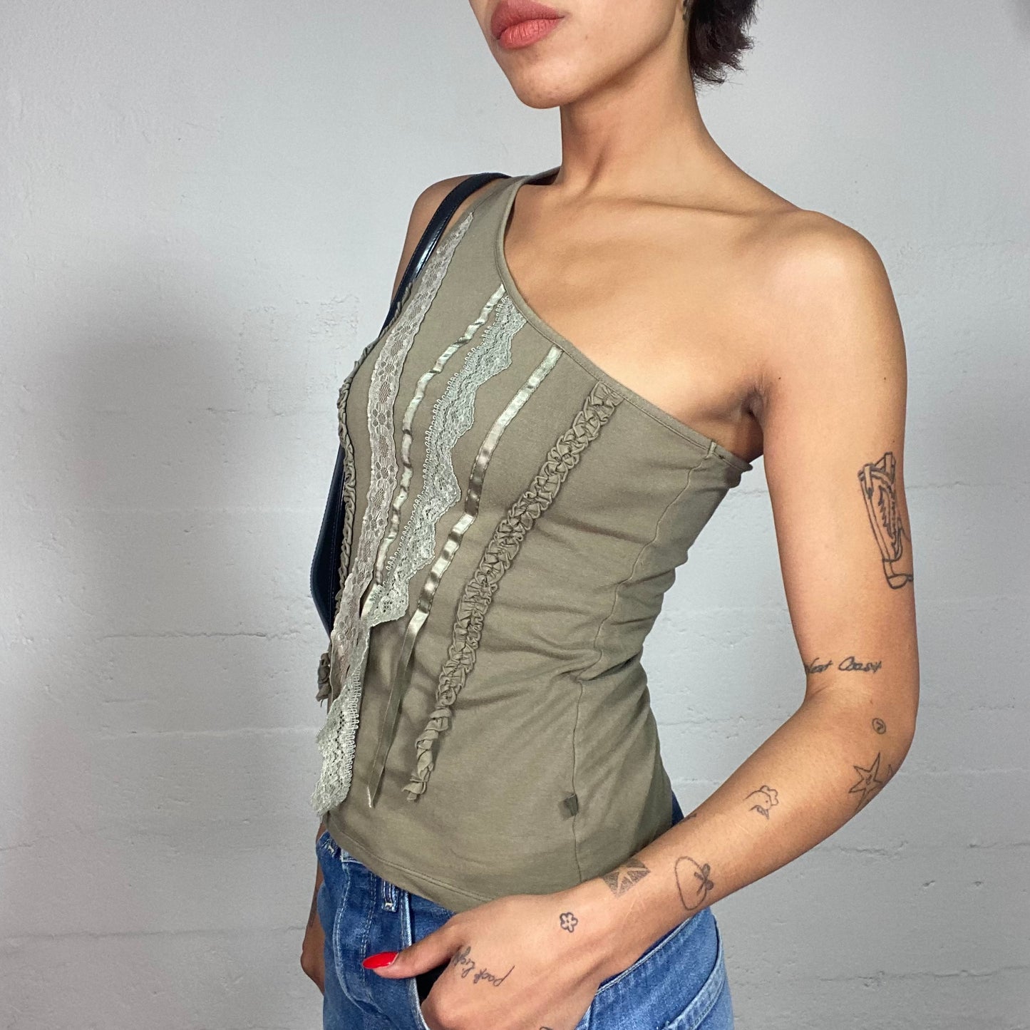 Vintage 90's Grunge Khaki One Shoulder Top with Deconstructed Decorative Lace Trim Detail (S)