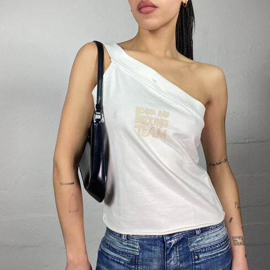 Vintage 2000's Downtown Girl White One Shoulder Top with "School Rag Boxing Team" Print Detail (M)