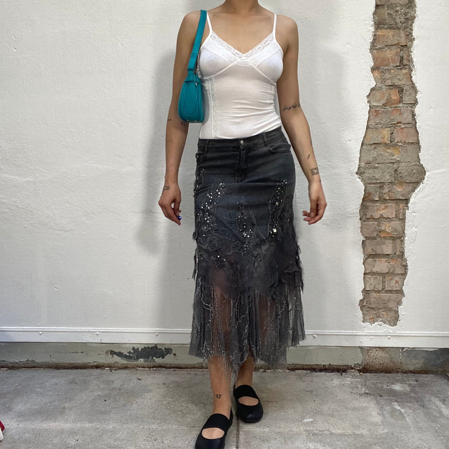 Vintage 2000's Grunge Grey Denim and Mesh Maxi Skirt with Sequin Embroidery (S)