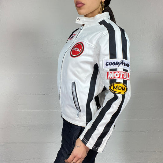 Vintage 2000's Sporty White Short Racers Jacket with Black Sleeve Trims and Red Patches Detail (XS)