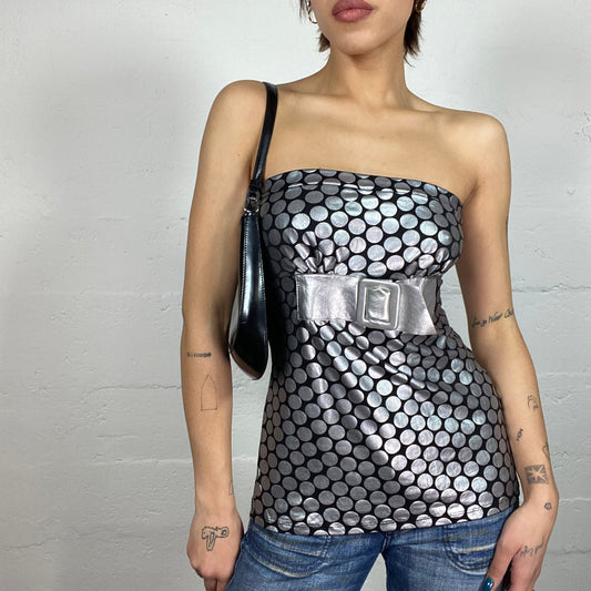 Vintage 2000's Clubwear Silver Strapless Top with Belted Waist Detail (M)