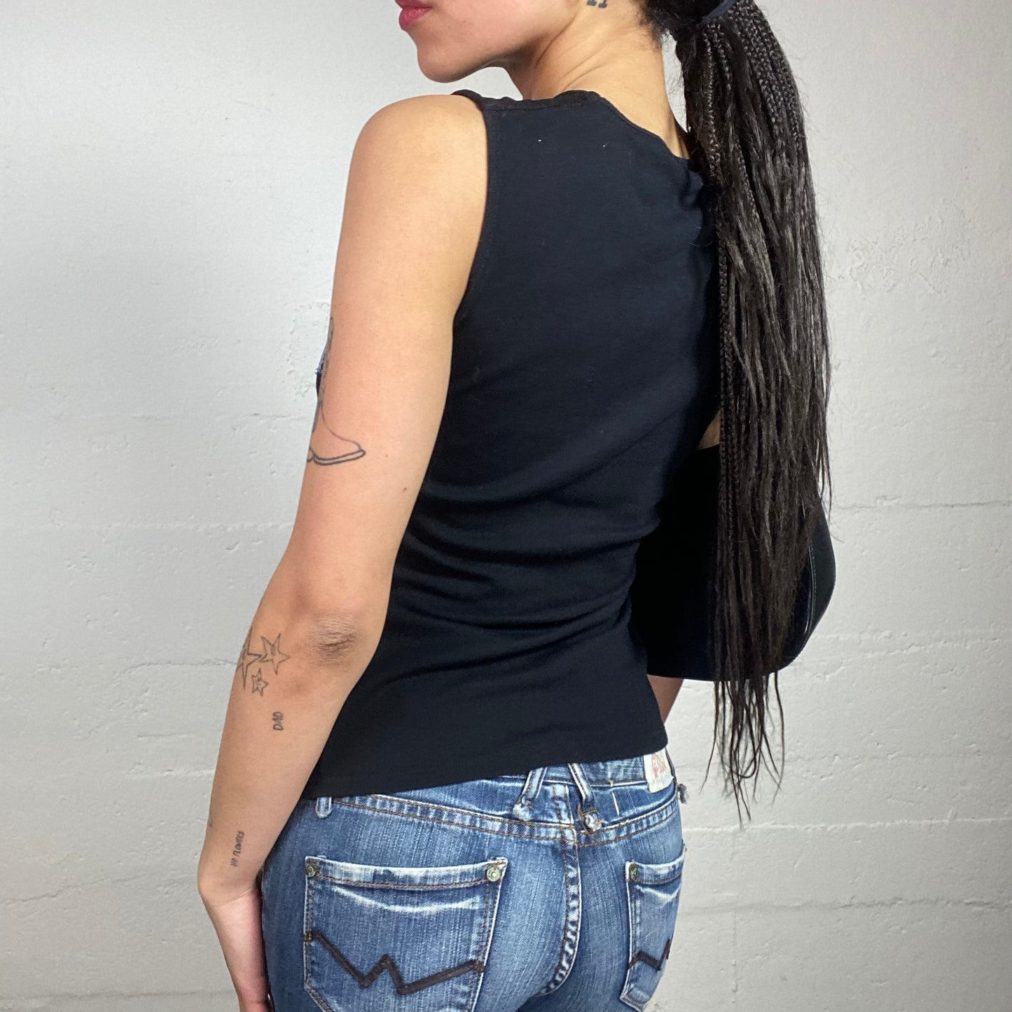 Vintage 2000's Sleaze Black Top with White "Love Me" Graffitty Print and Sticked Newspaper Letters Detail (S)