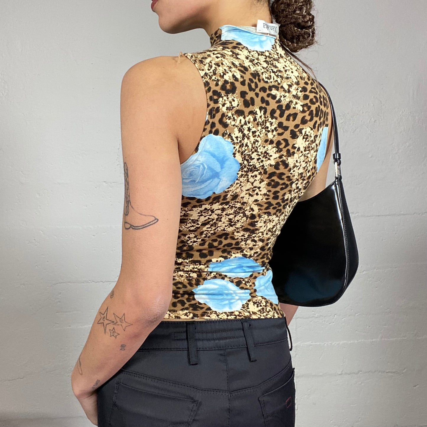 Vintage 2000's Mob Wife Brown Highneck Cheetah Print Top with Maxi Blue Roses Print (S)