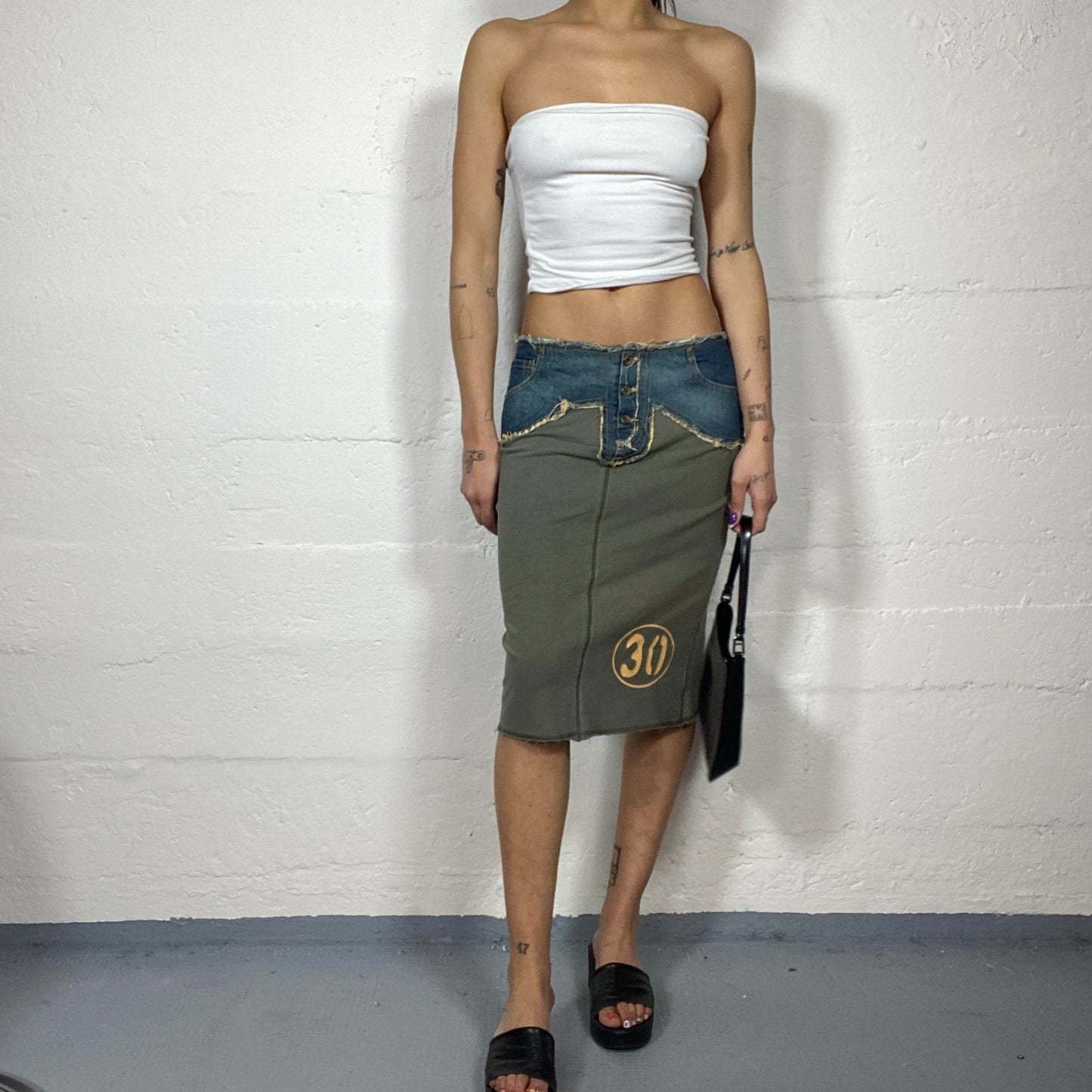 Vintage 2000's Rave Khaki Midi Skirt with Denim Waist-band Detail (S/M)