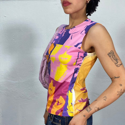 Vintage 2000's Miss Sixty Multicolor Woman Face Print High Neck Tank Top (M/L)