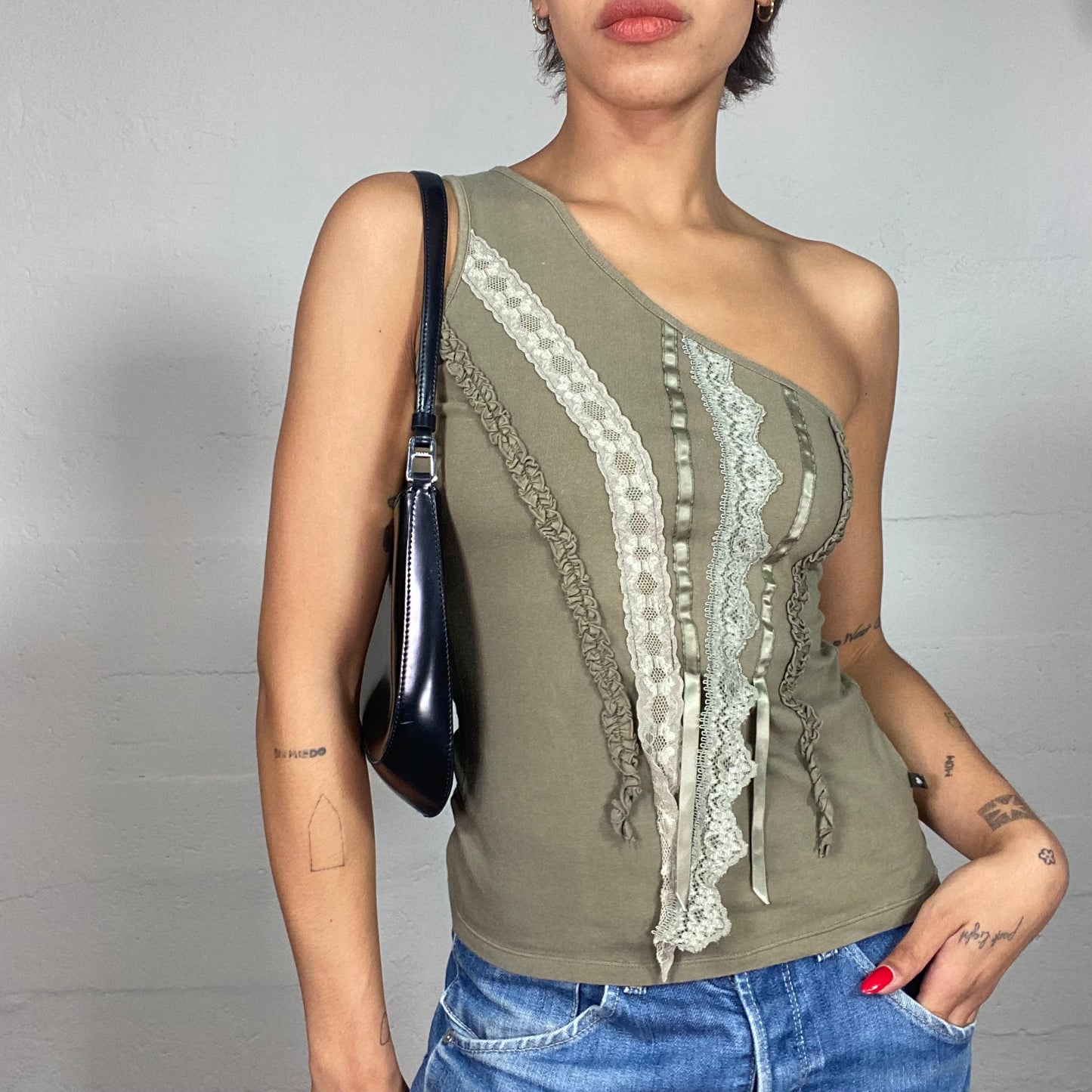 Vintage 90's Grunge Khaki One Shoulder Top with Deconstructed Decorative Lace Trim Detail (S)