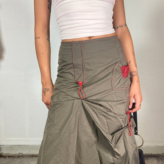 Vintage 2000's Techwear Khaki Deconstructed Maxi Cargo Layered Skirt with Red Seam Detail (S/M)