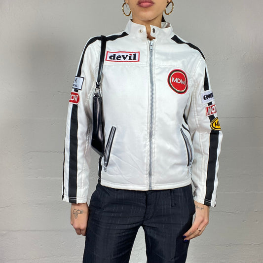 Vintage 2000's Sporty White Short Racers Jacket with Black Sleeve Trims and Red Patches Detail (XS)