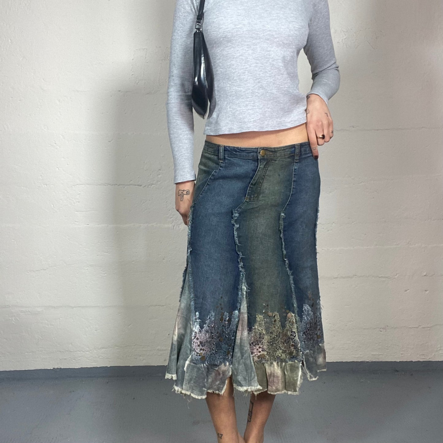 Vintage 2000's Hippie Girl Patched Denim Midi Skirt with Tie Dye Detail (M)