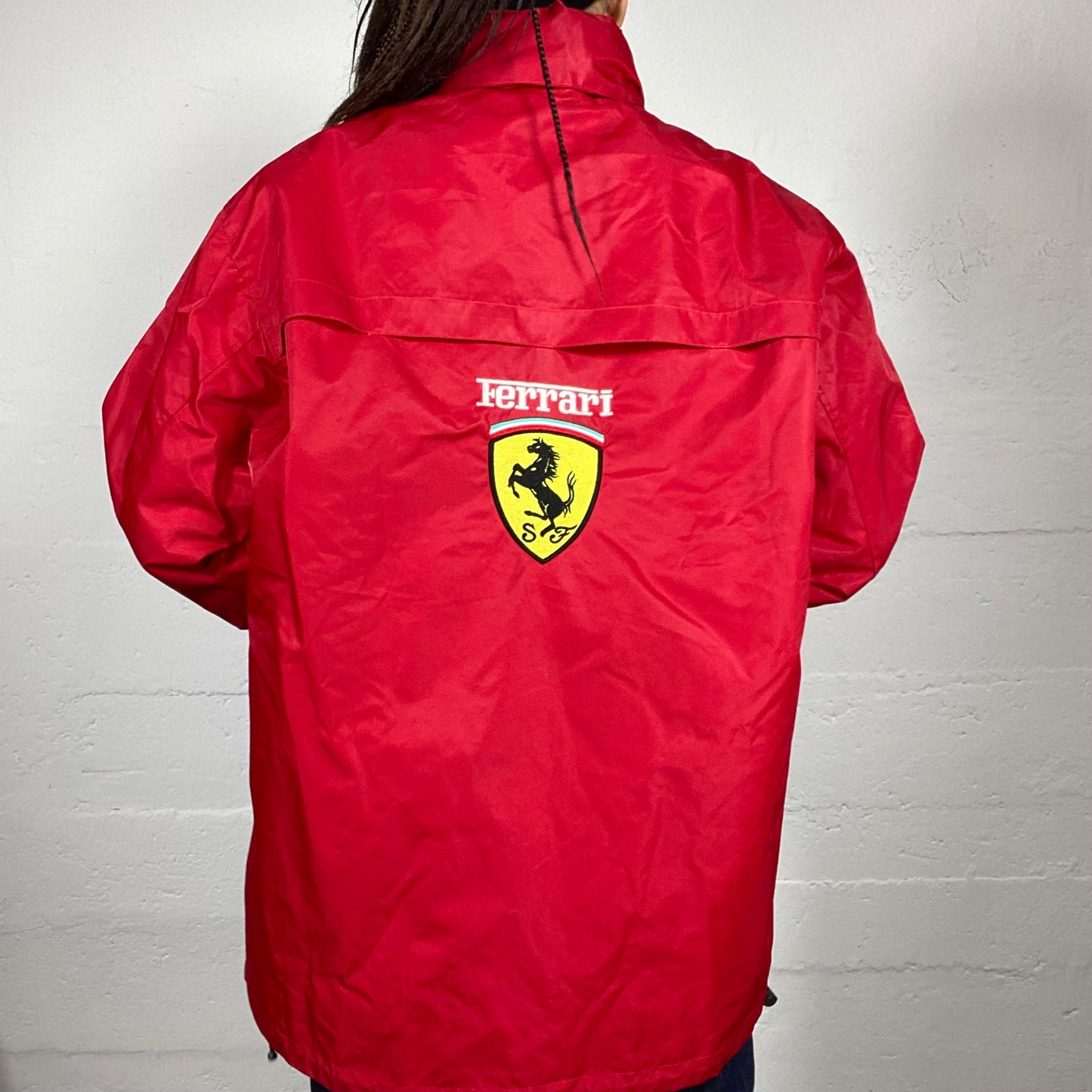 Vintage 2000's Ferrari Sporty Red Oversized Racers Jacket with White Brand Patches Detail (XL)