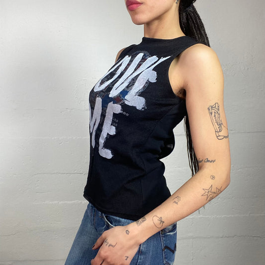 Vintage 2000's Sleaze Black Top with White "Love Me" Graffitty Print and Sticked Newspaper Letters Detail (S)