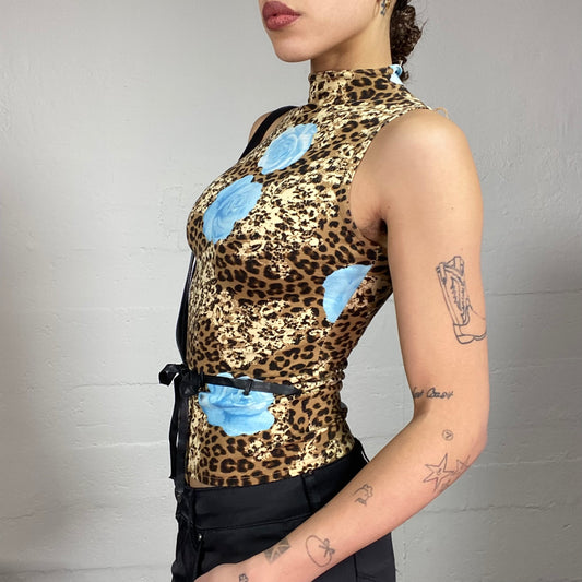 Vintage 2000's Mob Wife Brown Highneck Cheetah Print Top with Maxi Blue Roses Print (S)