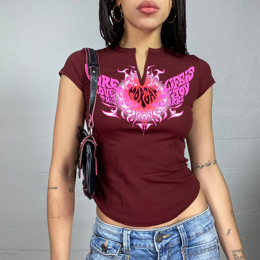 Vintage 2000's Morgan Archive Garnet Top with Flaming Heart Print (S)