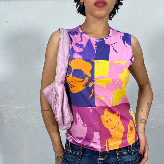 Vintage 2000's Miss Sixty Multicolor Woman Face Print High Neck Tank Top (M/L)