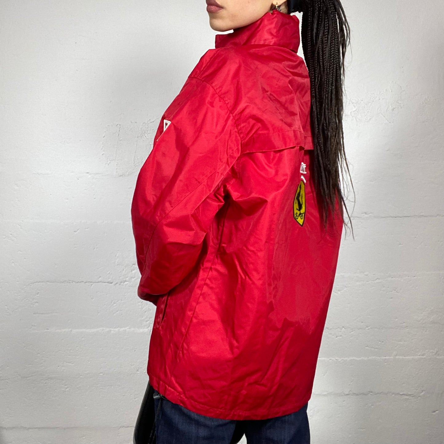 Vintage 2000's Ferrari Sporty Red Oversized Racers Jacket with White Brand Patches Detail (XL)