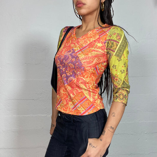 Vintage 2000's Hippie Orange and Green Longsleeve Top with Colourful Paisley Print (S/M)