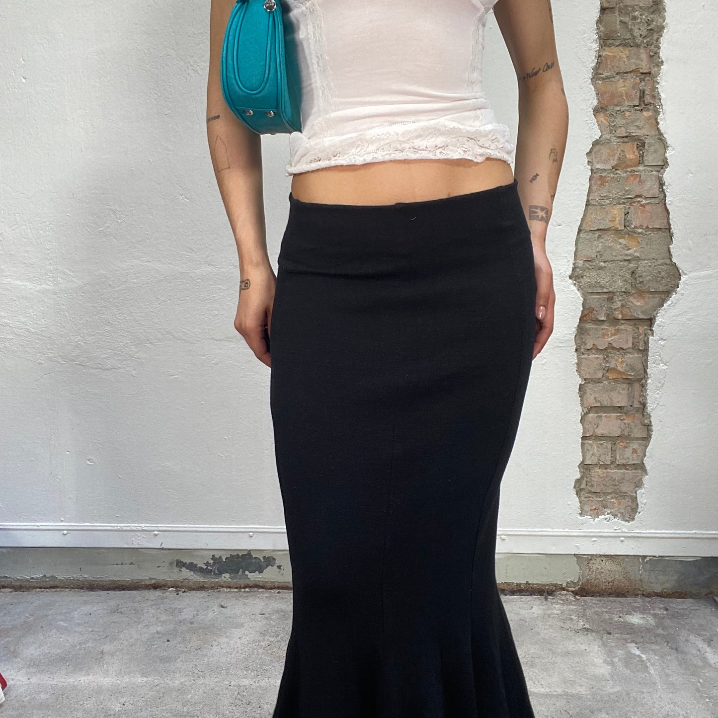 Vintage 90's Model Off Black Maxi Godet Skirt (S)