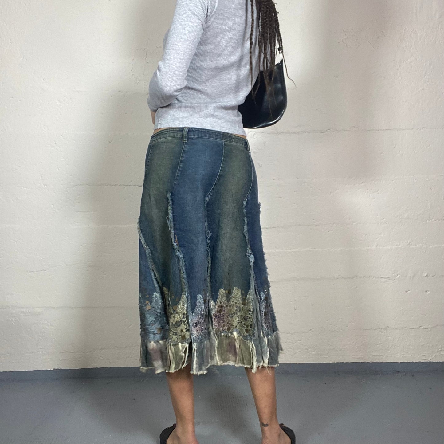 Vintage 2000's Hippie Girl Patched Denim Midi Skirt with Tie Dye Detail (M)