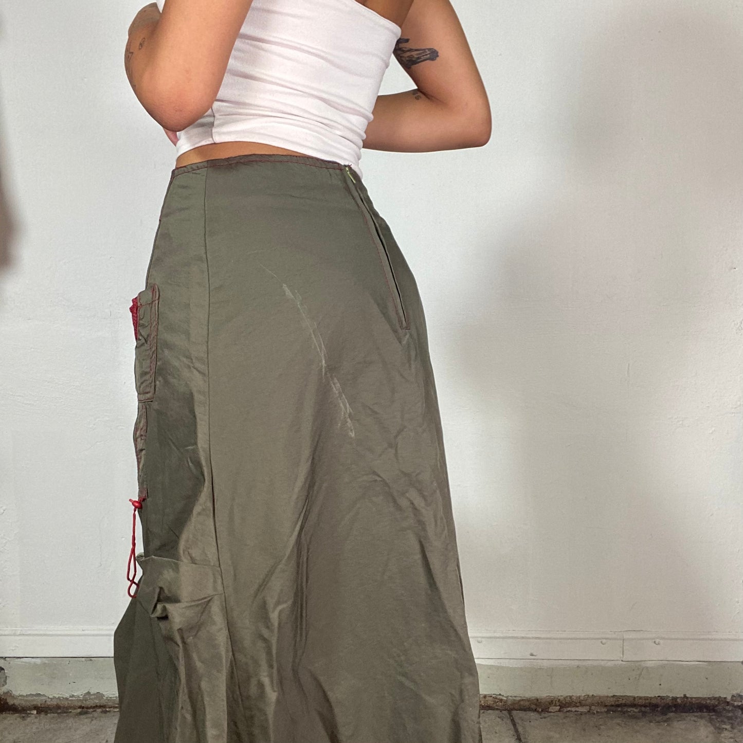 Vintage 2000's Techwear Khaki Deconstructed Maxi Cargo Layered Skirt with Red Seam Detail (S/M)