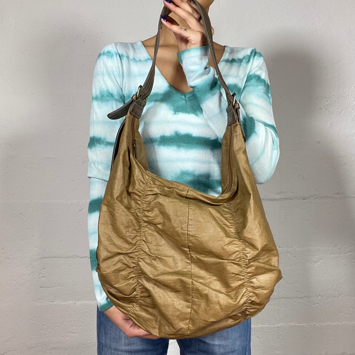 Vintage 2000's Grunge Brown Maxi Slouchy Shoulder Bag with Ruched Detail