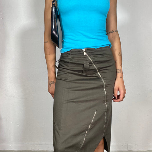 Vintage 90's Street Style Khaki Cargo Midi Skirt with Zipper Detail (S)