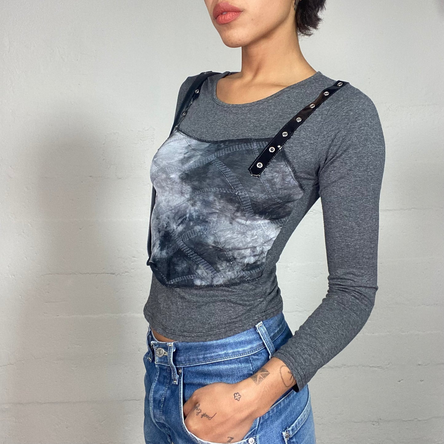 Vintage 2000's Indie Sleaze Grey Longsleeve Top with Tie Dye Overlayed Corset Detail (S)