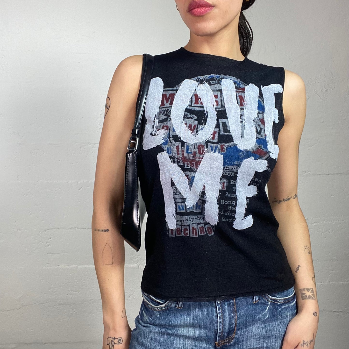 Vintage 2000's Sleaze Black Top with White "Love Me" Graffitty Print and Sticked Newspaper Letters Detail (S)