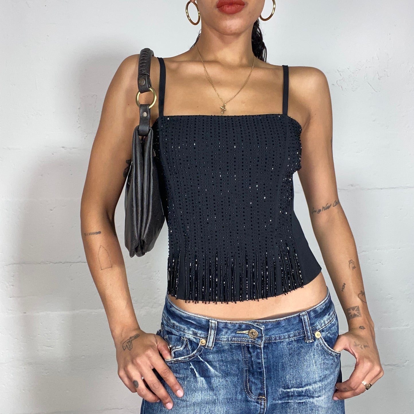 Vintage 2000's Rave Black Tank Top with Stripped Emroidery (S)