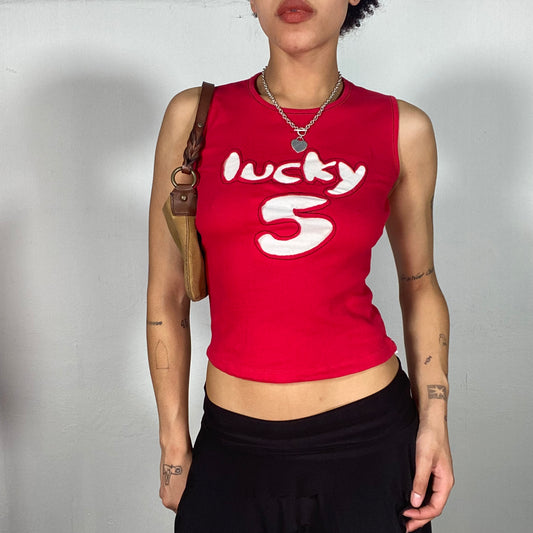 Vintage 2000's Skater Red High Neck Tank Top with 'Lucky 5' Print (S)