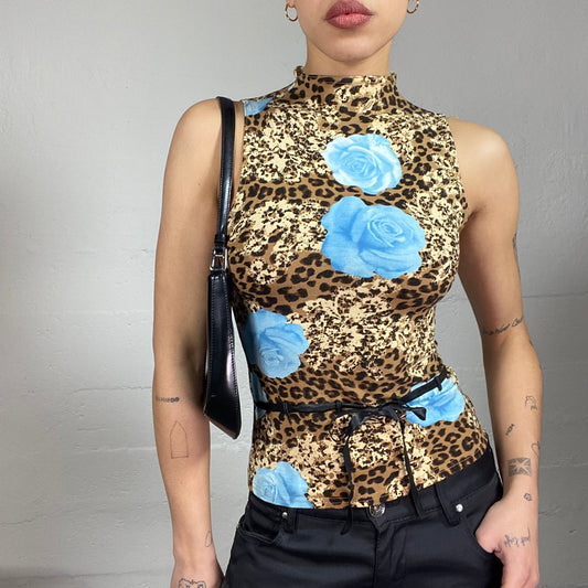 Vintage 2000's Mob Wife Brown Highneck Cheetah Print Top with Maxi Blue Roses Print (S)