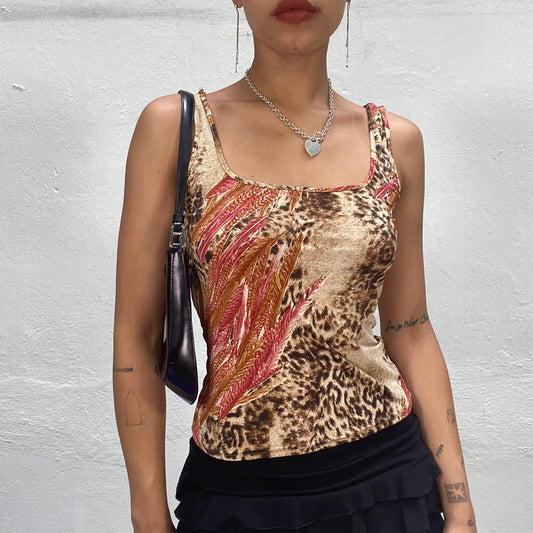 Vintage 90's Sleaze Beige Tank Top with Animal Print (M)