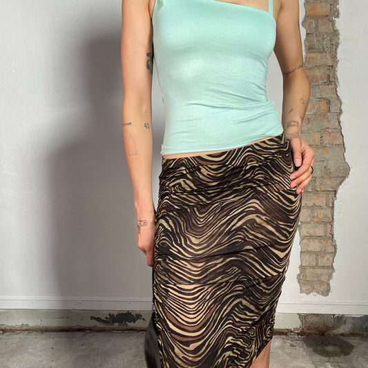 Vintage 90's Funky Brown Swirly Print Fitted Midi Skirt (S)