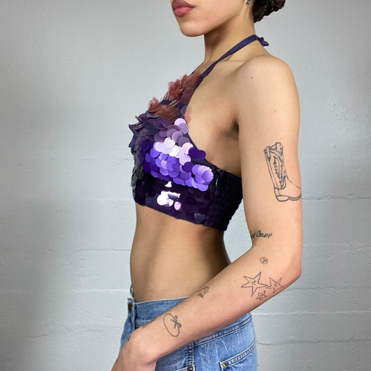 Vintage 2000's Miss Sixty Festival Purple Shades Sequins Crop Top with Open Back Detail (S)