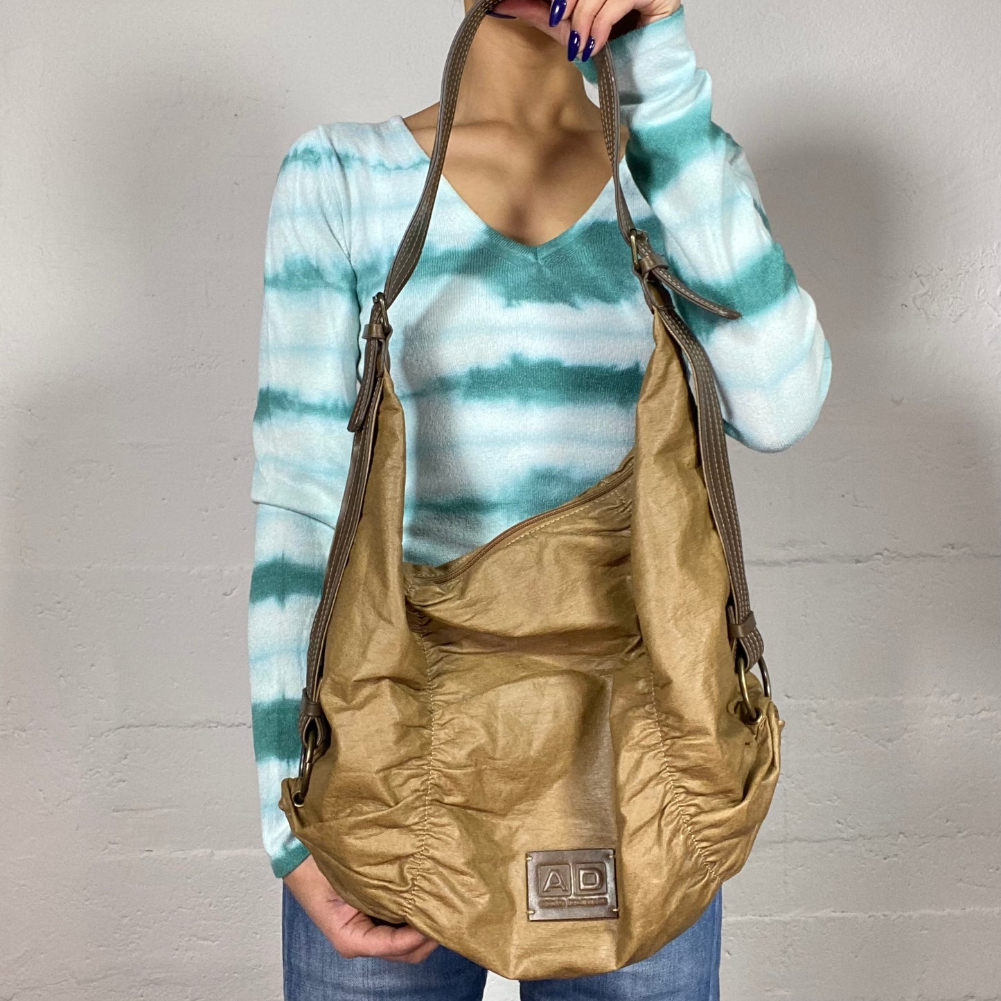 Vintage 2000's Grunge Brown Maxi Slouchy Shoulder Bag with Ruched Detail