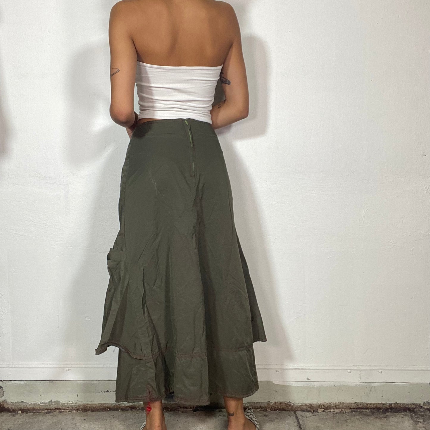 Vintage 2000's Techwear Khaki Deconstructed Maxi Cargo Layered Skirt with Red Seam Detail (S/M)